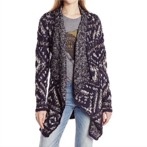 🇬🇪🔹️Lucky Blue Intarsia Chunky Knit Open Cascading Cardigan Sweater Large - Picture 2 of 12